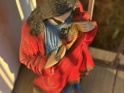 vintage sacred heart of jesus statue, hand-painted, heavy concrete (or whatever it is)