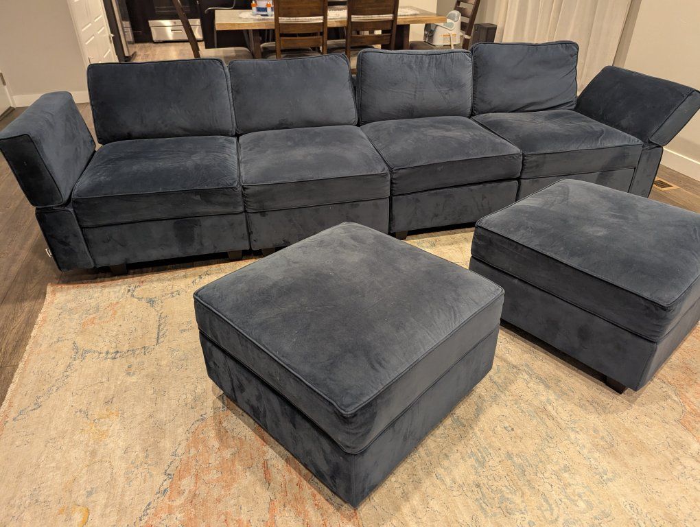 Blue Velvet Modular Storage Sectional Sofa with Two Ottomans