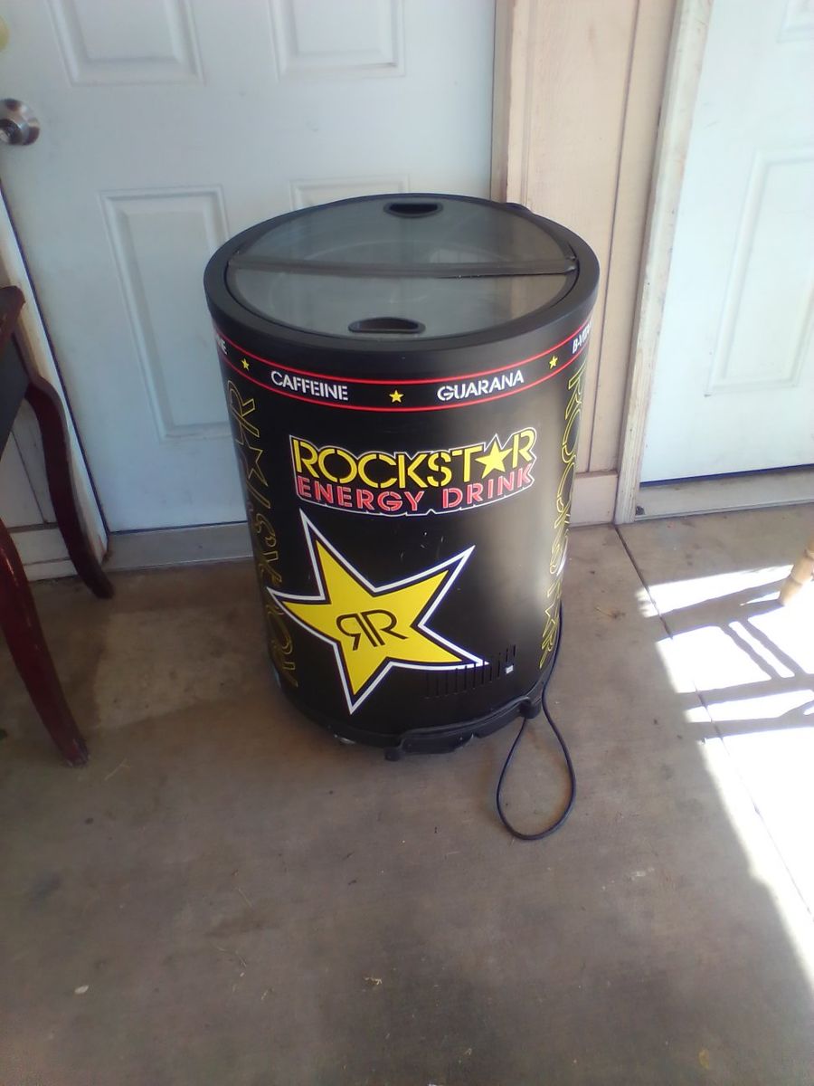 Rockstar Energy Drink Round Mini Fridge Cooler with Sliding Top - Black & Yellow