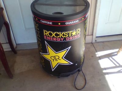 Rockstar Energy Drink Round Mini Fridge Cooler with Sliding Top - Black & Yellow