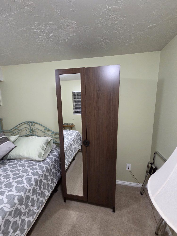 Brown Wood Grain 2-Door Wardrobe Armoire with Full-Length Mirror