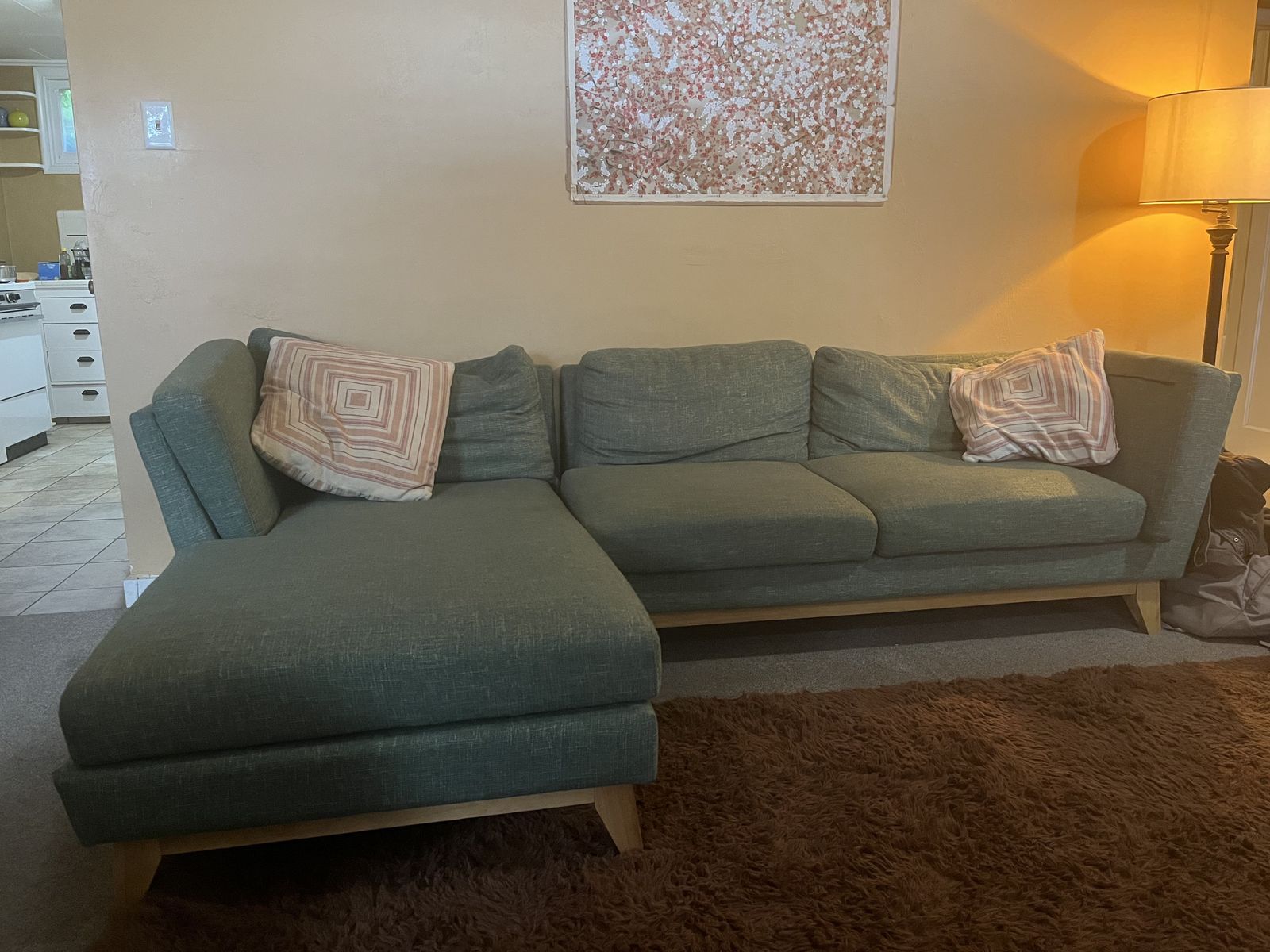 Large Green Fabric Couch, Chaise Lounge