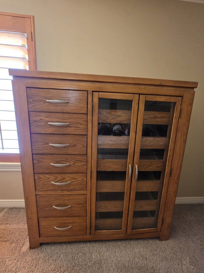Solid Wood Storage Cabinet Armoire with Glass Doors and 7 Drawers