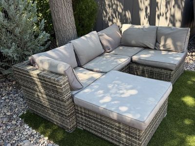 Outdoor Wicker Sectional Sofa with Cushions and Ottoman