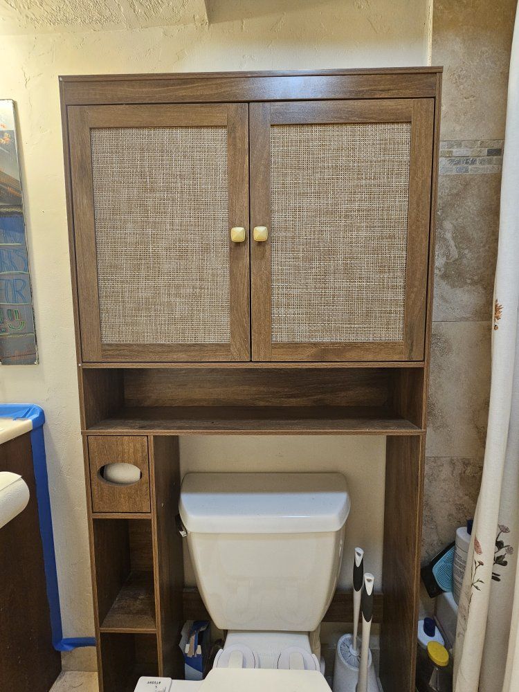 Rustic Wood Over-the-Toilet Storage Cabinet with Rattan Doors & Shelving