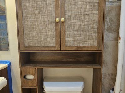 Rustic Wood Over-the-Toilet Storage Cabinet with Rattan Doors & Shelving
