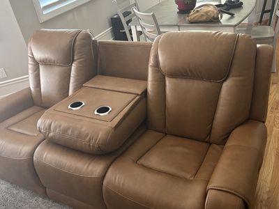Tan Leather Reclining Sofa with Console