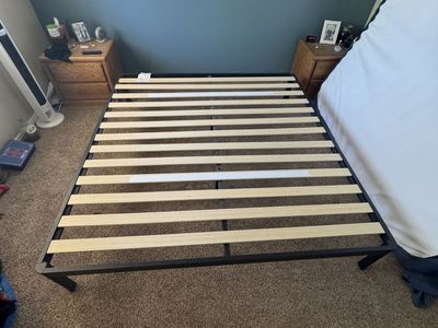 King Size Slat Bed Frame - Black Metal, Wood Slats - Great Condition
