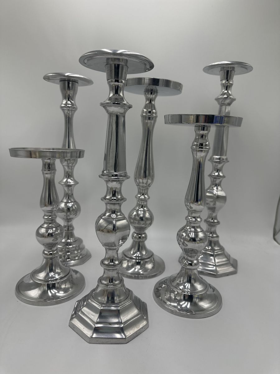Set of 6 Silver Pillar Candlesticks Taper Candle Holders Various Heights Home Decor