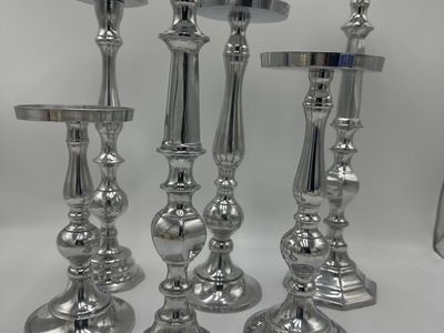Set of 6 Silver Pillar Candlesticks Taper Candle Holders Various Heights Home Decor