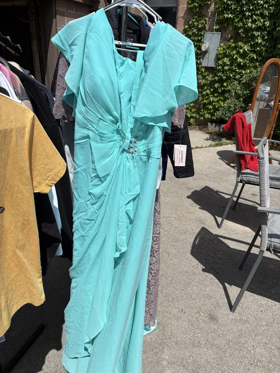 Monalisa Light Blue/Teal Flutter Sleeve Maxi Dress with Rhinestone Detail - Women's Size 18
