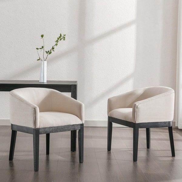 Accent Chairs Set of 2, Beige Linen Barrel Chair with Wood Legs