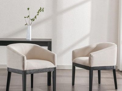Accent Chairs Set of 2, Beige Linen Barrel Chair with Wood Legs