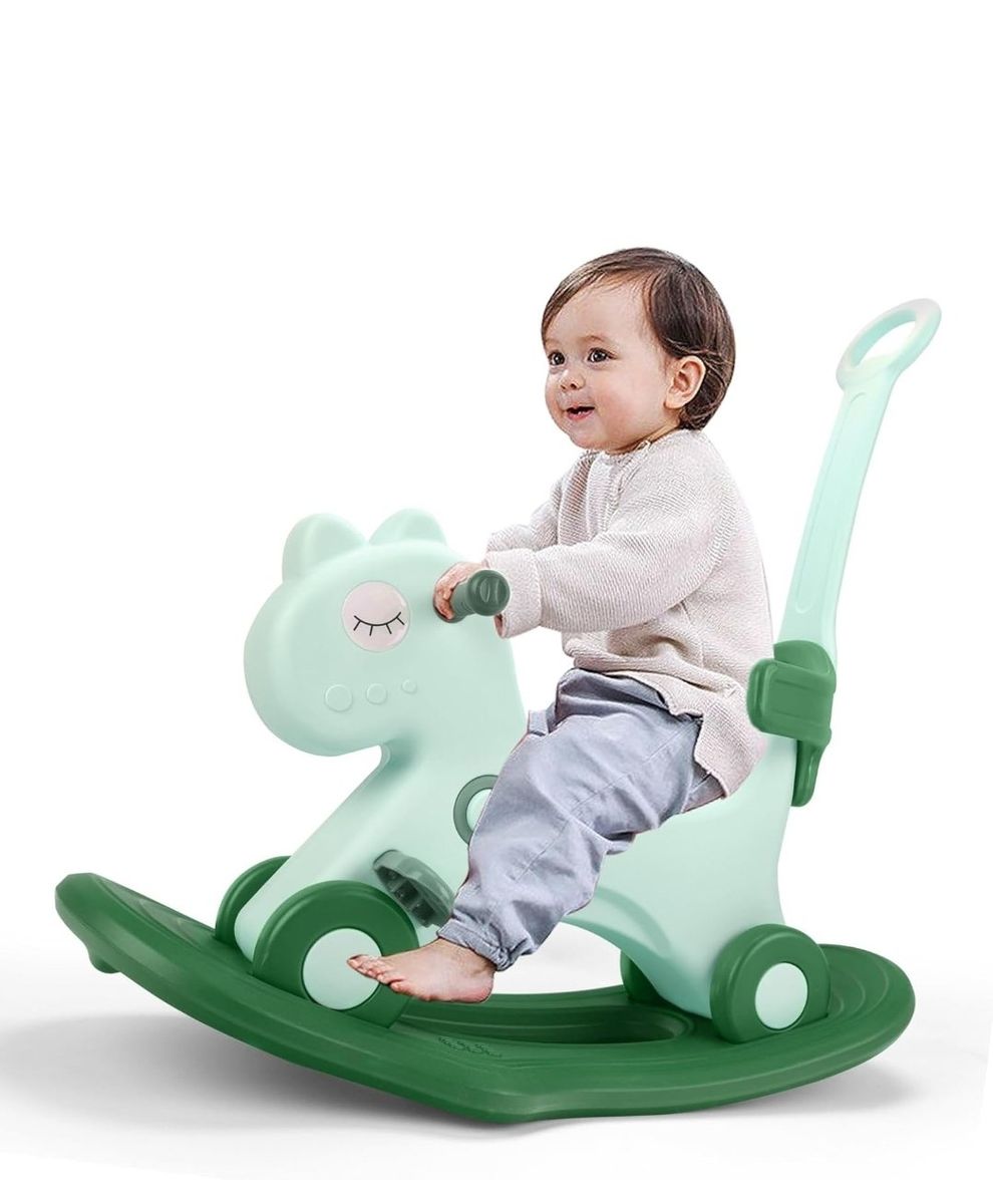 NEW 4-in-1 Kids Rocking Horse Ride-On Toy w/ Push Handle & Music – Green #422