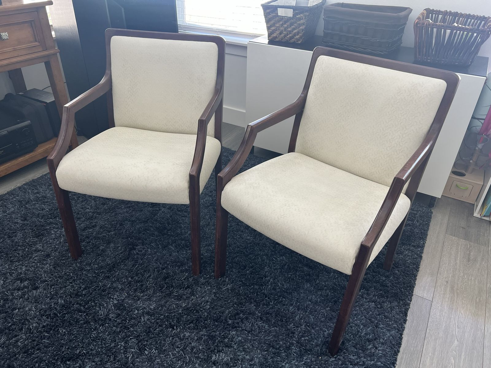 Pair of Painted Upholstered Wood Armchairs / Neutral Accent Chairs