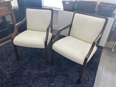 Pair of Painted Upholstered Wood Armchairs / Neutral Accent Chairs