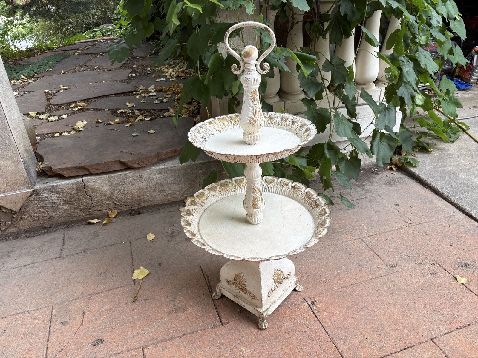 Huge White & Gold Washed Metal Tiered Tray Stand