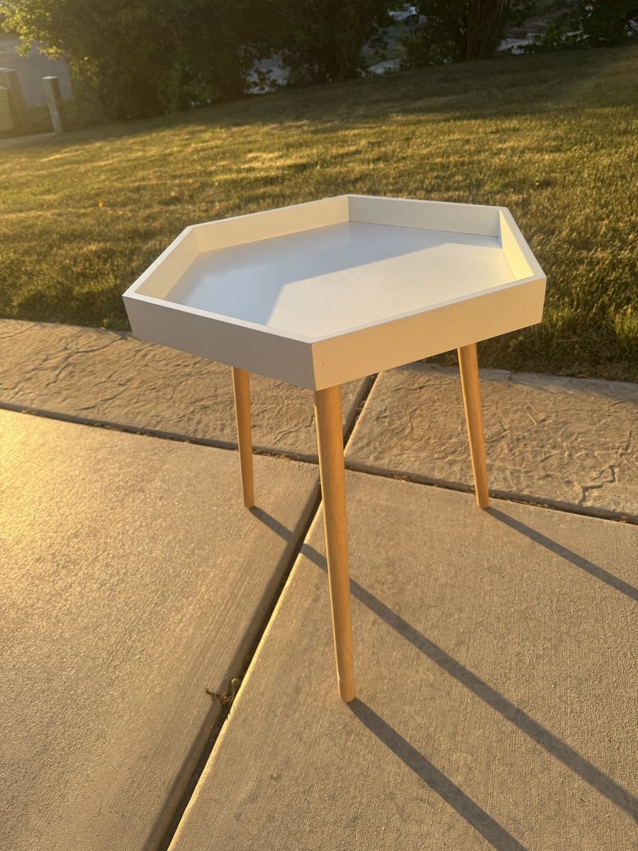 Modern White Hexagon End Table with Wood Legs - Accent Side Table