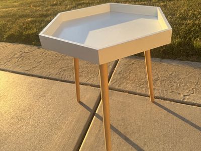 Modern White Hexagon End Table with Wood Legs - Accent Side Table
