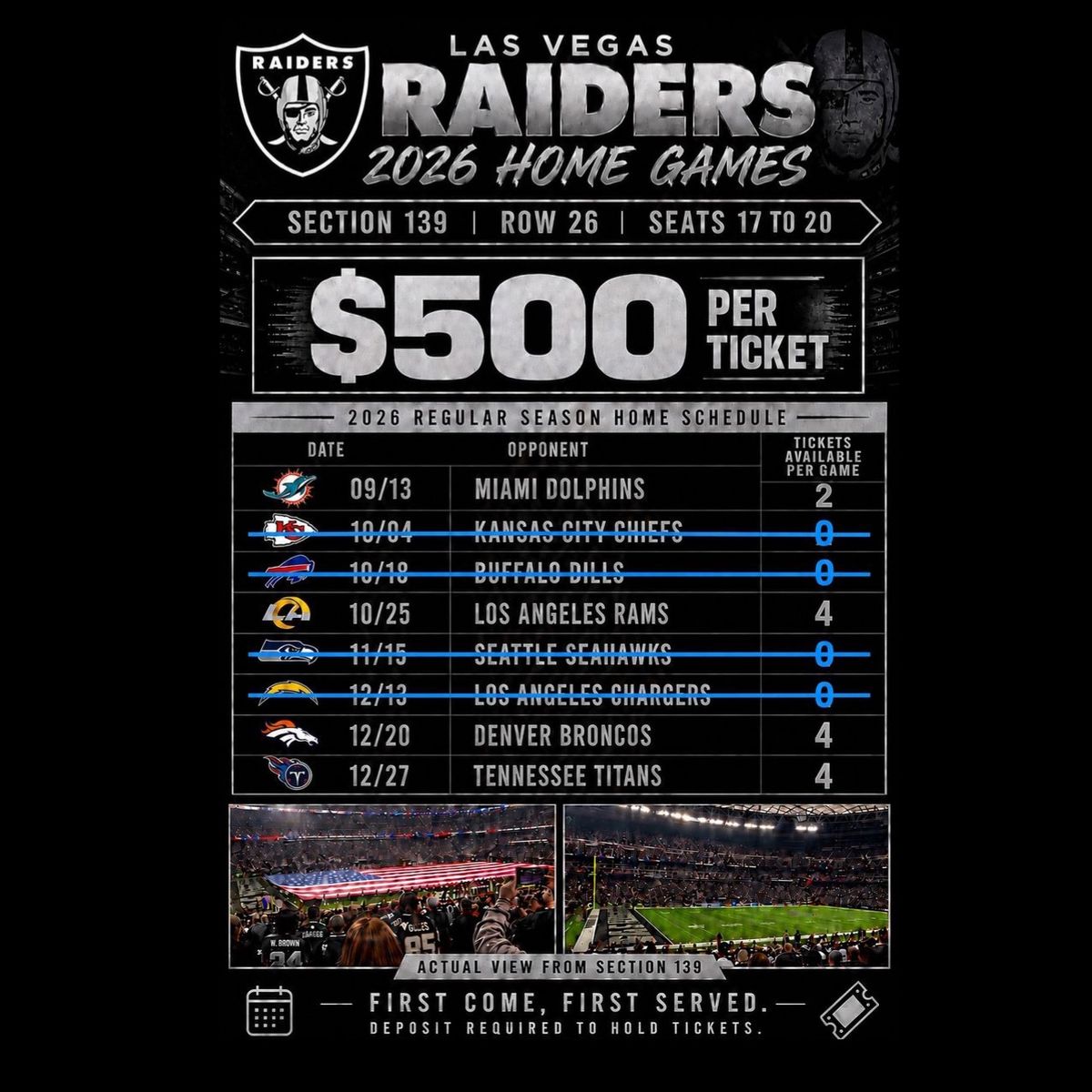 Las Vegas Raiders 2026 Home Game Tickets - Section 139, Row 26
