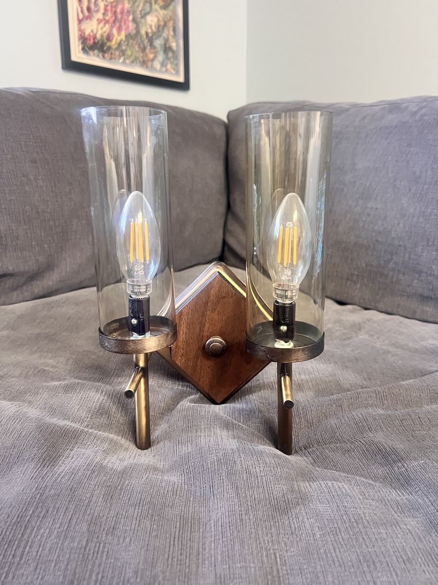 Real MCM Brass, Wood, And Smoky Glass Sconce