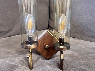 Real MCM Brass, Wood, And Smoky Glass Sconce