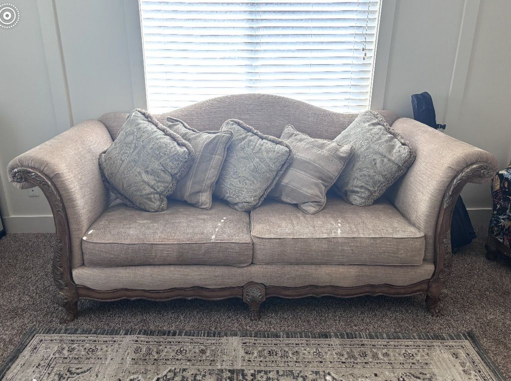 Traditional Sofa with Carved Wood Trim + Pillows