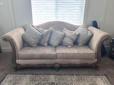 Traditional Sofa with Carved Wood Trim + Pillows