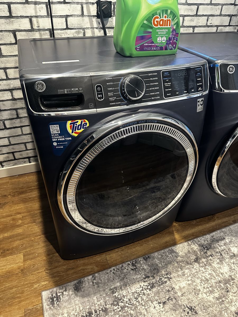 GE Sapphire Blue Washer & Dryer Set - Front Load, UltraFresh Vent System