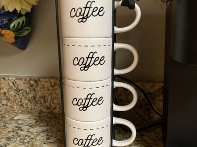 4 Stackable Stoneware Coffee Mugs With Metal Stand