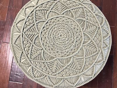 Boho Green Macrame Round Pouf Ottoman with Wooden Legs - Excellent Condition