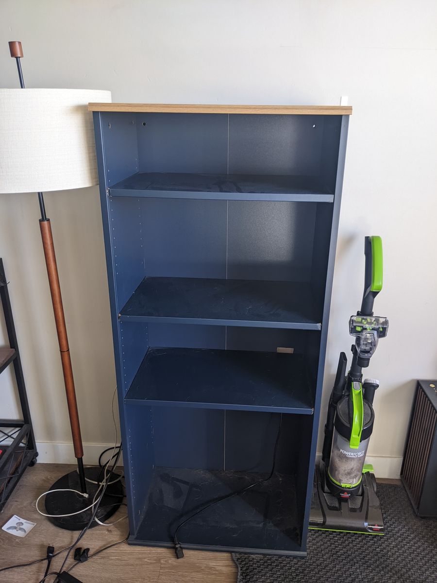Tall IKEA Bookcase, Navy Blue, Wood Grain Top