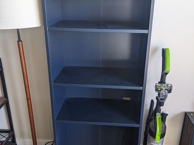 Tall IKEA Bookcase, Navy Blue, Wood Grain Top