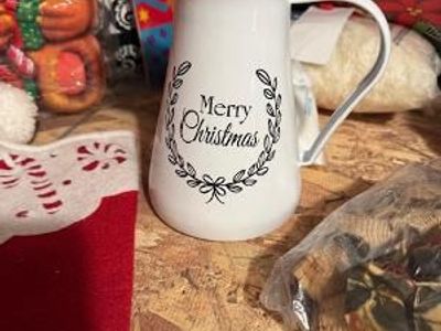 Merry Christmas” pitcher Enamel-style ceramic pitcher (