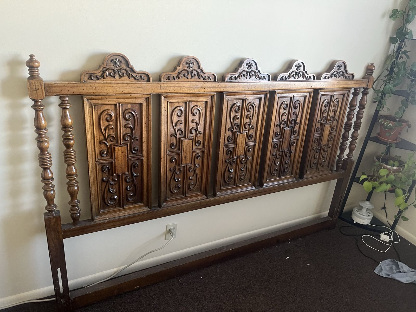 Vintage Ornate Carved Wood Headboard with Spindle Posts