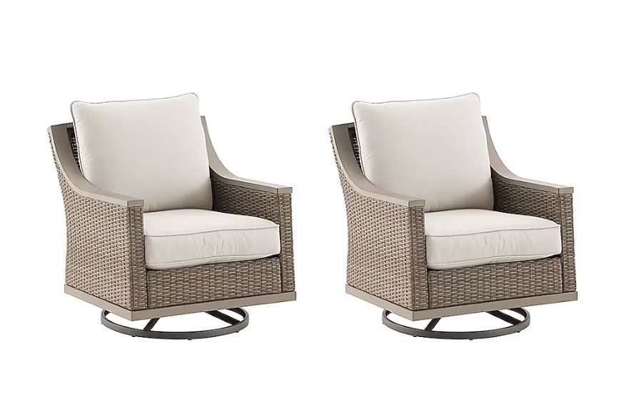 allen + roth Rosedale Set of 2 Wicker Tan Steel Frame Swivel rocker Conversation Chair with Off-white Cushioned Seat