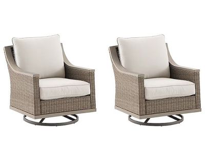 allen + roth Rosedale Set of 2 Wicker Tan Steel Frame Swivel rocker Conversation Chair with Off-white Cushioned Seat