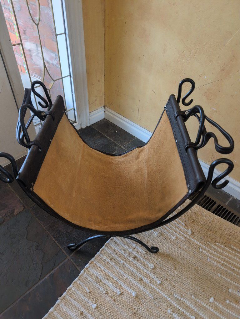 Wrought Iron Firewood Rack with Suede Log Carrier – Rustic Fireplace Decor”