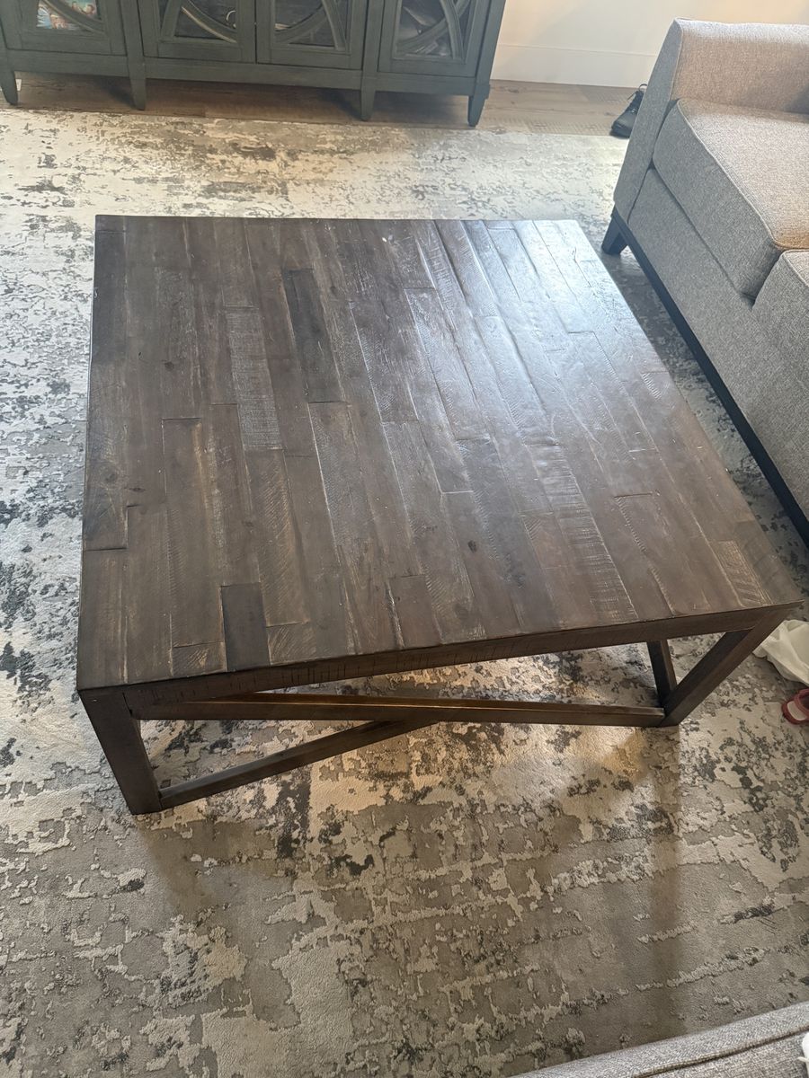 Rustic Dark Wood Square Coffee Table with Plank Top and X-Base