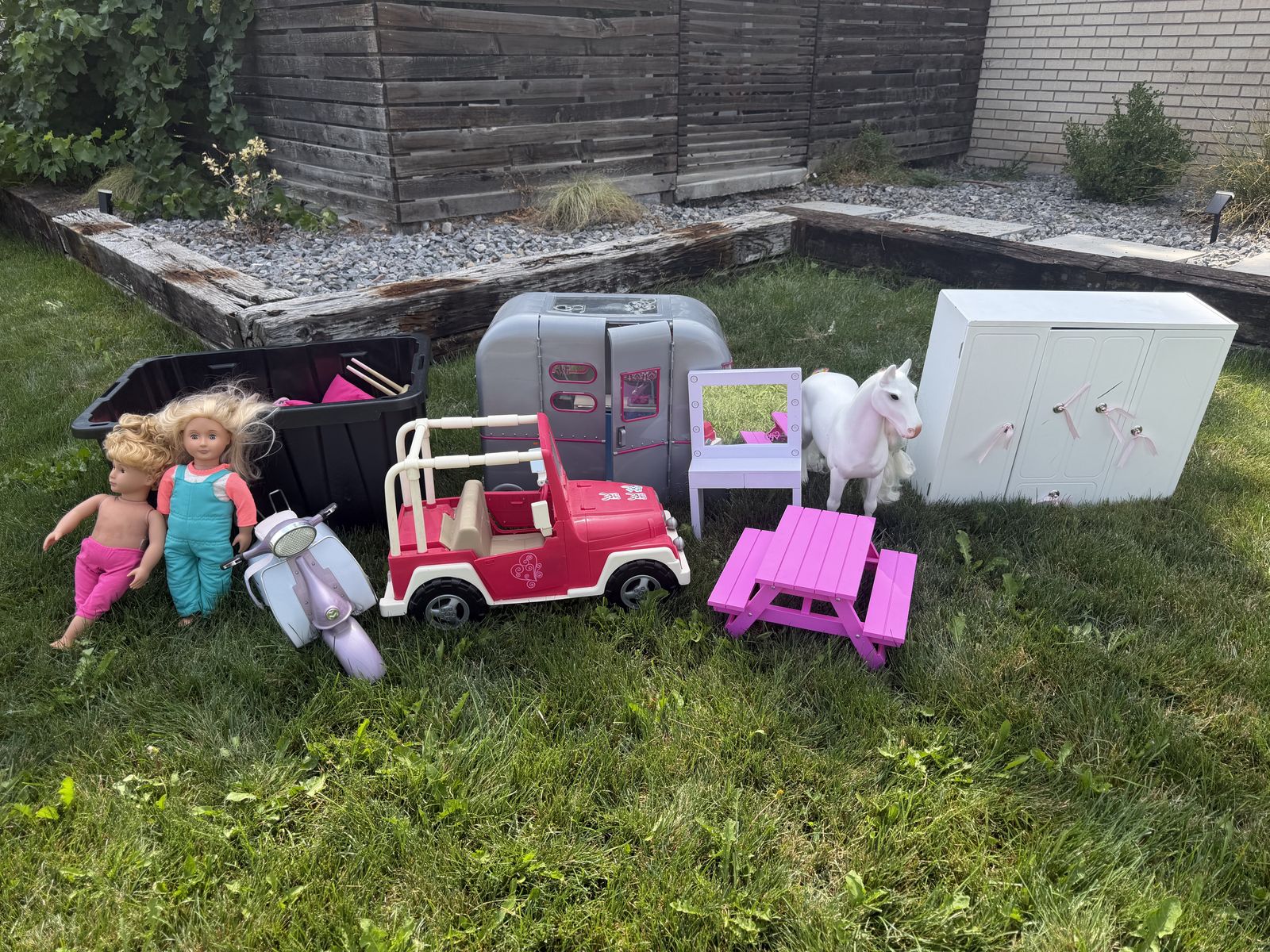 Our Generation Doll Lot (2 Dolls, Camper, Jeep, Scooter, Horse & Accessories)