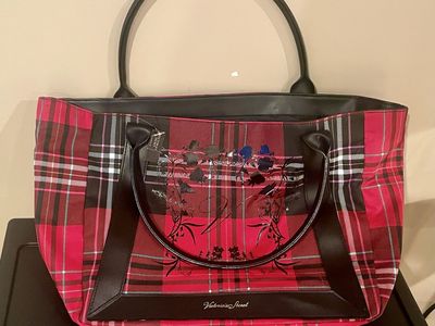 New! Victoria's Secret Large Red Plaid Tote Bag with Floral Design