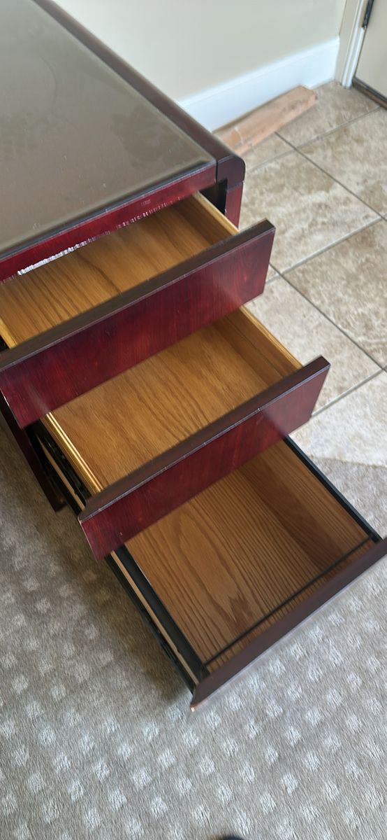 Large Wooden Office Desk with Glass Top and 6 Drawers