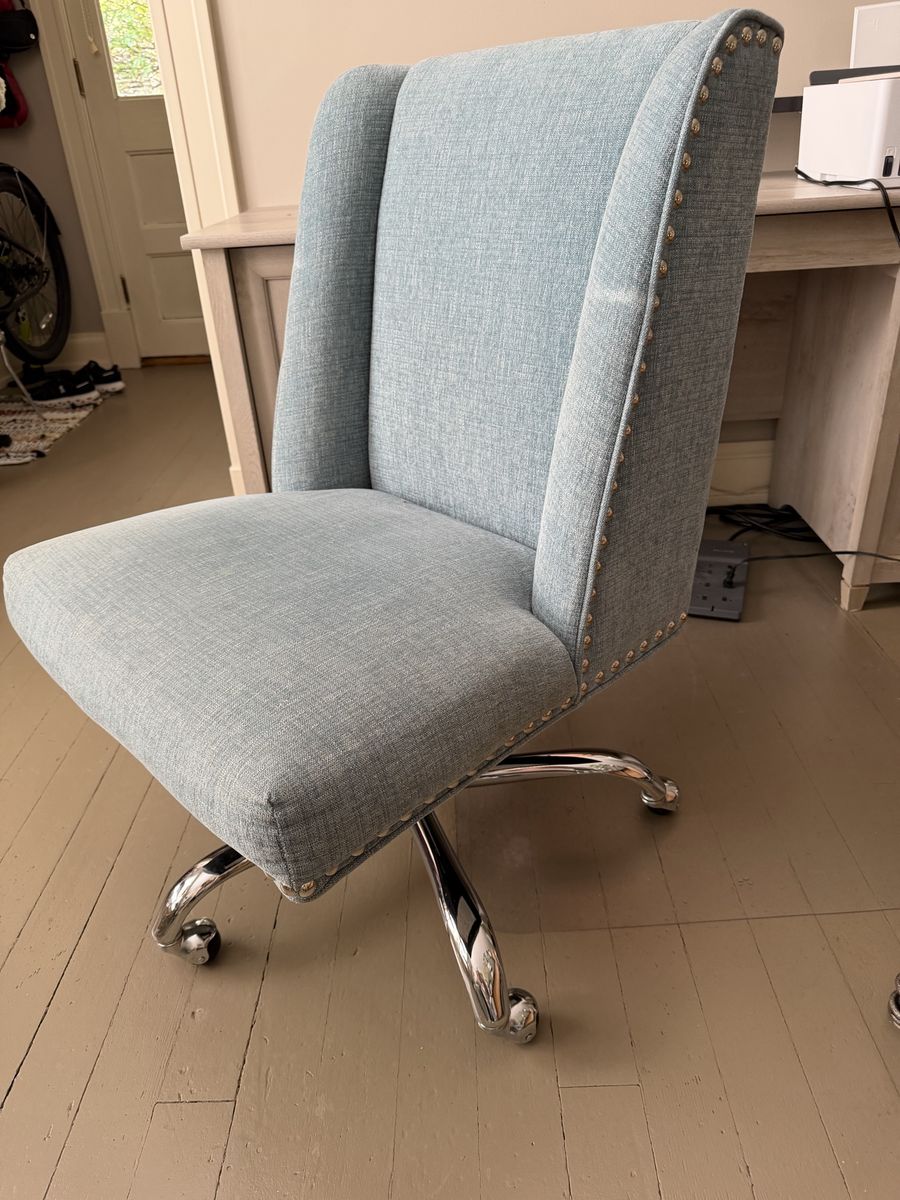 Light Blue Upholstered Swivel Office Chair with Nailhead Trim, Chrome Base