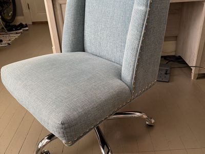 Light Blue Upholstered Swivel Office Chair with Nailhead Trim, Chrome Base