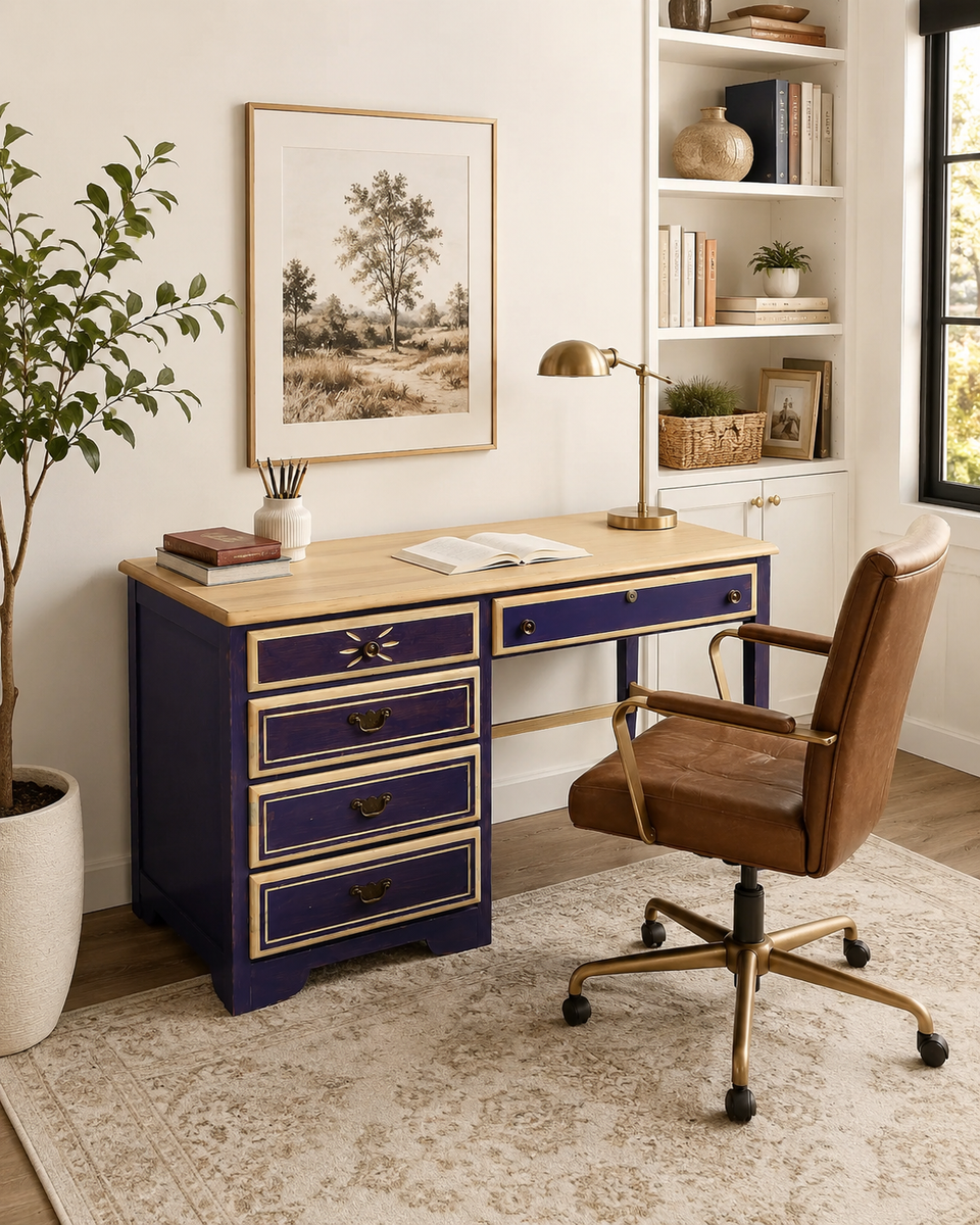 Designer Writing Desk | Plum Finish & Natural Wood Top