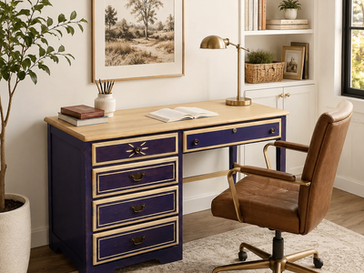 Designer Writing Desk | Plum Finish & Natural Wood Top