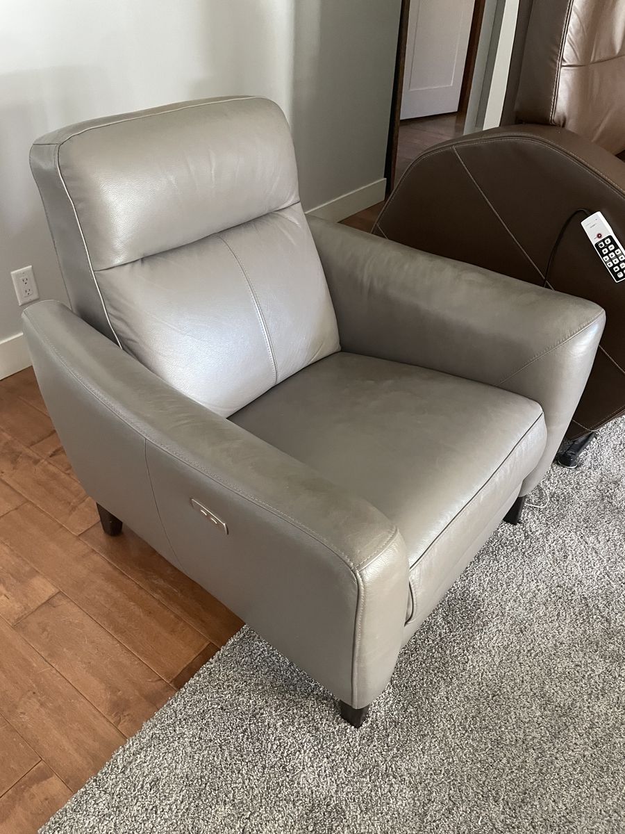 Used grey leather powered recliner chair modern contemporary