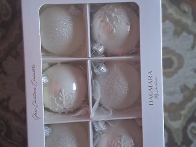 Dagmara My Christmas Handcrafted Glass Ornaments, White Glitter Snowflake, Set of 6