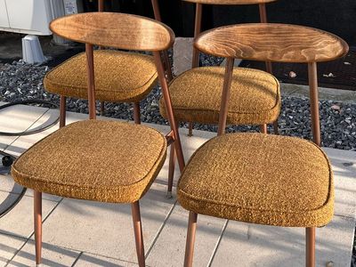 Set of 4 Vintage Mid-Century Modern Dining Chairs with Mustard Yellow Tweed Upholstery and Wooden Backrests