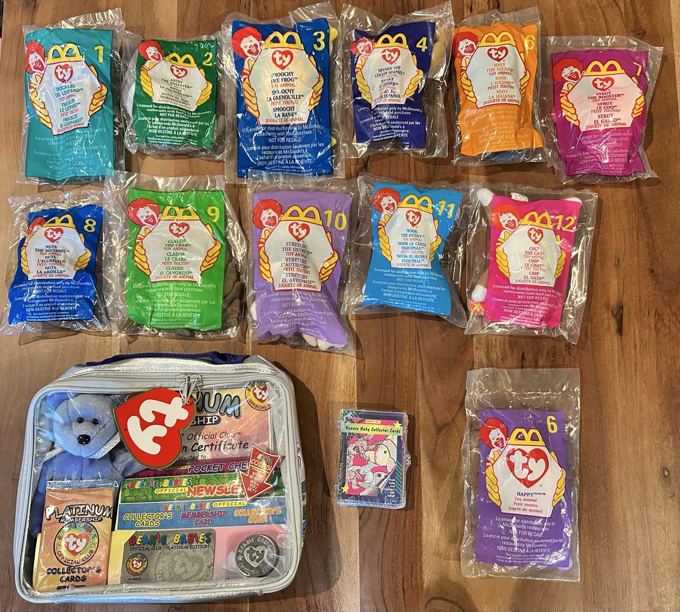 Ty Beanie Babies Teenie Beanie McDonald's Lot In Bag & Official Club Platinum Kit